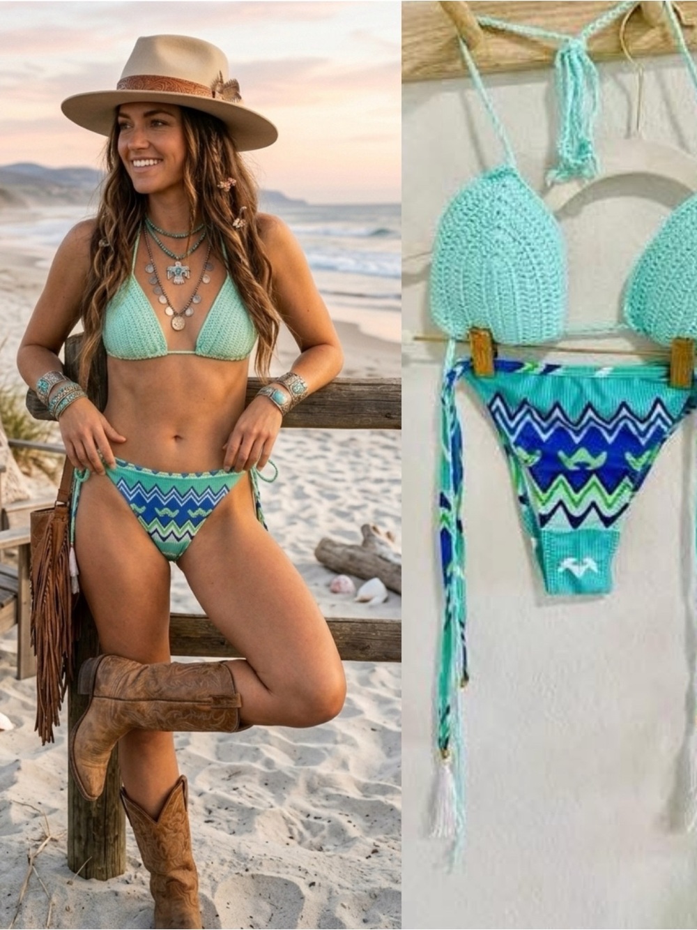 Island Ready Boho Crochet Tribal Turquoise Blue Green String Bikini w/ Tassles